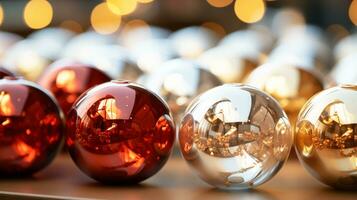 Navidad pelotas en un mesa decorado para celebrado Navidad o nuevo año. ai generado. foto