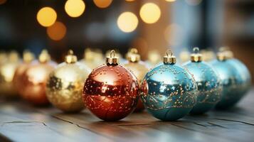 Christmas balls on a table decorated for celebrated Christmas or New year. Ai Generated. photo