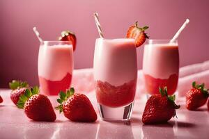 Strawberry fruit Floating in strawberry milk, yogurt, smoothie by Ai Generative photo