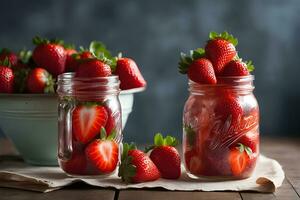 Fresco fresas en un Clásico masón tarro por ai generativo foto