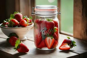 Fresh Strawberries in a Vintage Mason Jar by Ai Generative photo