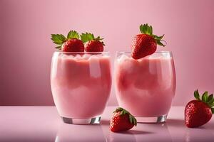 Strawberry fruit Floating in strawberry milk, yogurt, smoothie by Ai Generative photo