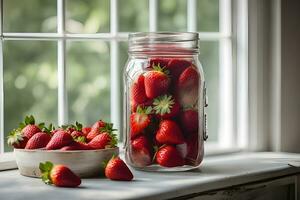 Fresco fresas en un Clásico masón tarro por ai generativo foto