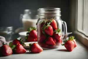 Fresco fresas en un Clásico masón tarro por ai generativo foto