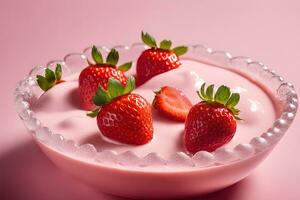 fresa Fruta flotante en fresa leche, yogur, zalamero por ai generativo foto