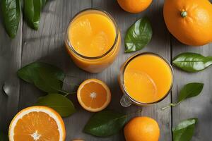 Fresh orange juice in glass cup next to a sliced orange by Ai Generative photo