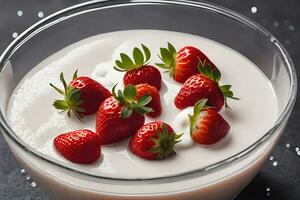 Strawberry fruit Floating in milk, yogurt by Ai Generative photo