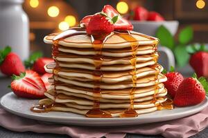 Strawberry pancakes with maple syrup by AI Generative photo