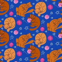 Puffy lying cat seamless pattern in trendy colors. Vector hand drawn cats with wool balls in flat minimalistic style. Trendy kids pattern design. Ideal for textile, wrapping paper, kids decoration