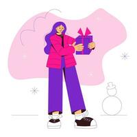 Flat vector girl in neon colors with gift box. Brutal modern character. Young woman in warm clothes with christmas present. Winter holiday composition