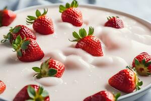 Strawberry fruit Floating in milk, yogurt by Ai Generative photo