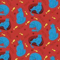 Modern bold puffy cat and fish seamless pattern. Hand drawn lying cats in flat minimalistic style. Trendy kids pattern design for textile, wrapping, decoration vector