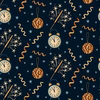 New Year Eve minimalistic hand drawn seamless pattern. Vector related to celebrating New Year items in flat style with dotted texture on dark background. Ideal for background, wrapping paper, textile