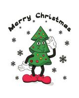 Vintage cartoon Christmas tree funny character with groovy lettering. Winter holiday typographic composition. Flat hand drawn slogan Merry Christmas with old cartoon character. Concept illustration vector