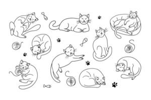 Puffy lying outline doodle cats collection. Sketch hand drawn lazy pets with ball of wool and dreaming about fish. Good for coloring pages, stickers, tattoo, pattern vector