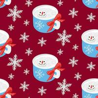 Christmas pattern with hot chocolate mug and snowflakes. Cute winter hot drink with marshmallow snowman. Seamless design for decoration, wrapping paper, textile, wallpaper, banner, social media vector