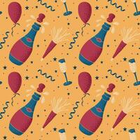 Celebrating pattern in flat minimalistic style. Hand drawn new year, anniversary or birthday party elements in flat style with dotted texture on yellow background for background, wrapping, textile vector