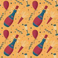 Celebrating pattern in flat minimalistic style. Hand drawn new year, anniversary or birthday party elements in flat style with dotted texture on yellow background for background, wrapping, textile vector