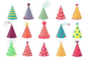 Party hat set. Cute birthday cone caps in bright colors with pompon above. Festive paper caps collection. vector