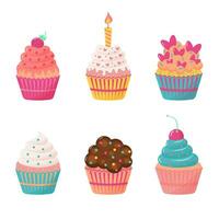 Cute cupcakes set. Sweet pastries decorated with cherry, strawberry, candle, candy, chocolate and hearts. vector