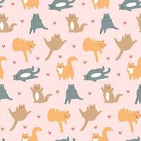 Cute fat cats and heart seamless pattern. Lazy fluffy funny cartoon characters in different poses on pink background. vector