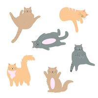 Cute fat cats set. Lazy fluffy funny cartoon characters in different poses. vector