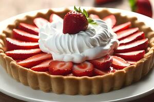 Strawberry tart with whipped cream by AI Generative photo
