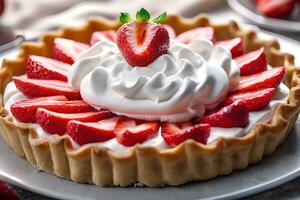 Strawberry tart with whipped cream by AI Generative photo