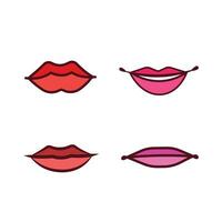 Four women lips with different lipstick or lip cream colors from red, pink, and brown shade. Vector icon isolated on square white background. Simple flat cartoon art styled drawing.