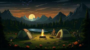 a scene at night at a campsite with campers sitting around a campfire animation loop video