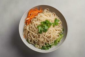 Fresh and Delicious Noodle Bowl with Fried Egg and Vegetables by AI Generative photo