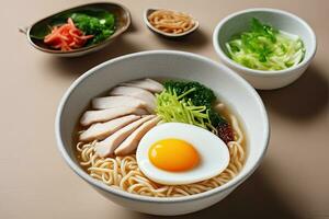 Fresh and Delicious Noodle Bowl with Fried Egg and Vegetables by AI Generative photo