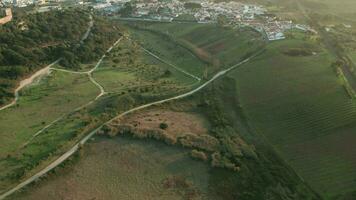 la carretera mediante medieval pueblo y castillo en prado paisaje en óbidos, Portugal. - aéreo zumbido Disparo video