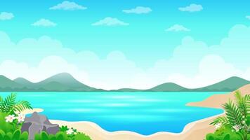 a cartoon landscape with a lake, mountains and grass video