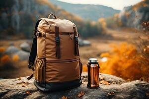 A backpack stands on a stone in the mountains, blurred background. Hiking concept. Generated by artificial intelligence photo
