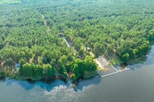 panorama aerial view over lake among forest photo