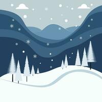 copos de nieve invierno paisaje naturaleza colina árbol con montaña póster bandera ilustración vector