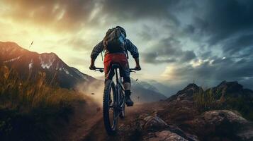 generativo ai, montaña andar en bicicleta hombre montando en bicicleta en montañas bosque paisaje, ciclista foto