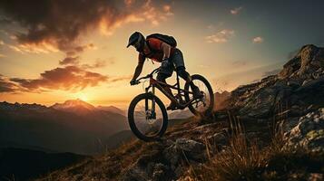 Generative AI, Mountain biking man riding on bike in mountains forest landscape, cyclist photo