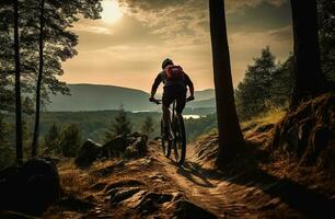 generativo ai, montaña andar en bicicleta hombre montando en bicicleta en montañas bosque paisaje, ciclista foto