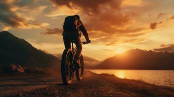 Generative AI, Mountain biking man riding on bike in mountains forest landscape, cyclist photo