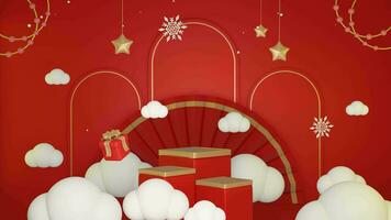 3D blue background Christmas with minimalist red podium on sky and cloud, suitable for product promotion video