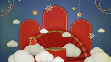 3D blue background Christmas with minimalist red podium on sky and cloud, suitable for product promotion video