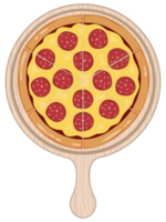 Peperoni ganze Pizza auf hölzern Tablett eben Design png