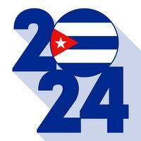 Happy New Year 2024, long shadow banner with Cuba flag inside. Vector illustration.