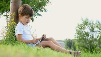 een knap jongen zittend Aan de gras Toneelstukken in de telefoon in de zomer spel Bij zonsondergang. de kind heeft pret in natuur video