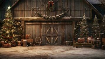 Generative AI, Christmas interior rural background, Santa Claus rustic workshop photo