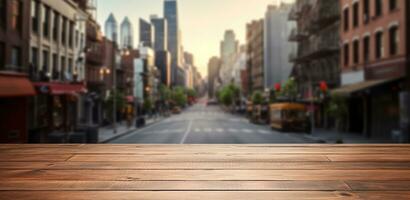 Generative AI, Empty wooden table top with blur background of a busy street, big city photo