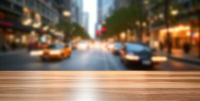 Generative AI, Empty wooden table top with blur background of a busy street, big city photo