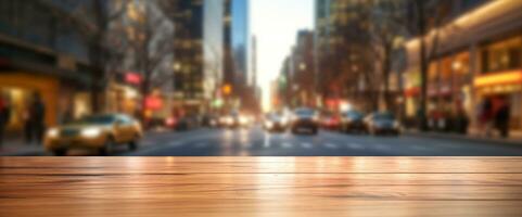 Generative AI, Empty wooden table top with blur background of a busy street, big city photo